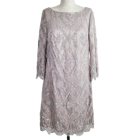Eliza J Dress 8 Beige Silver Shimmer Lace‎ Evening Occasion Knee Length Shift - Picture 1 of 9